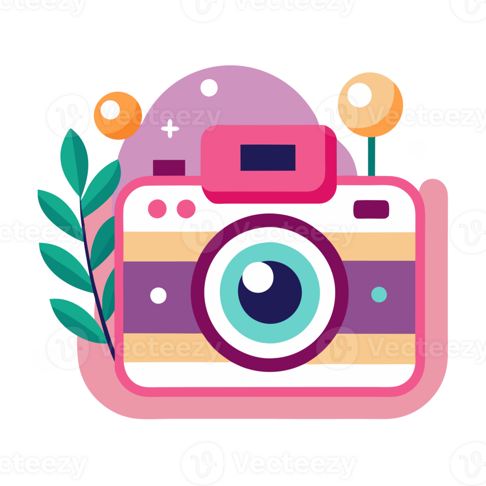 A camera with vibrant details, accented with playful leaves and abstract shapes. png