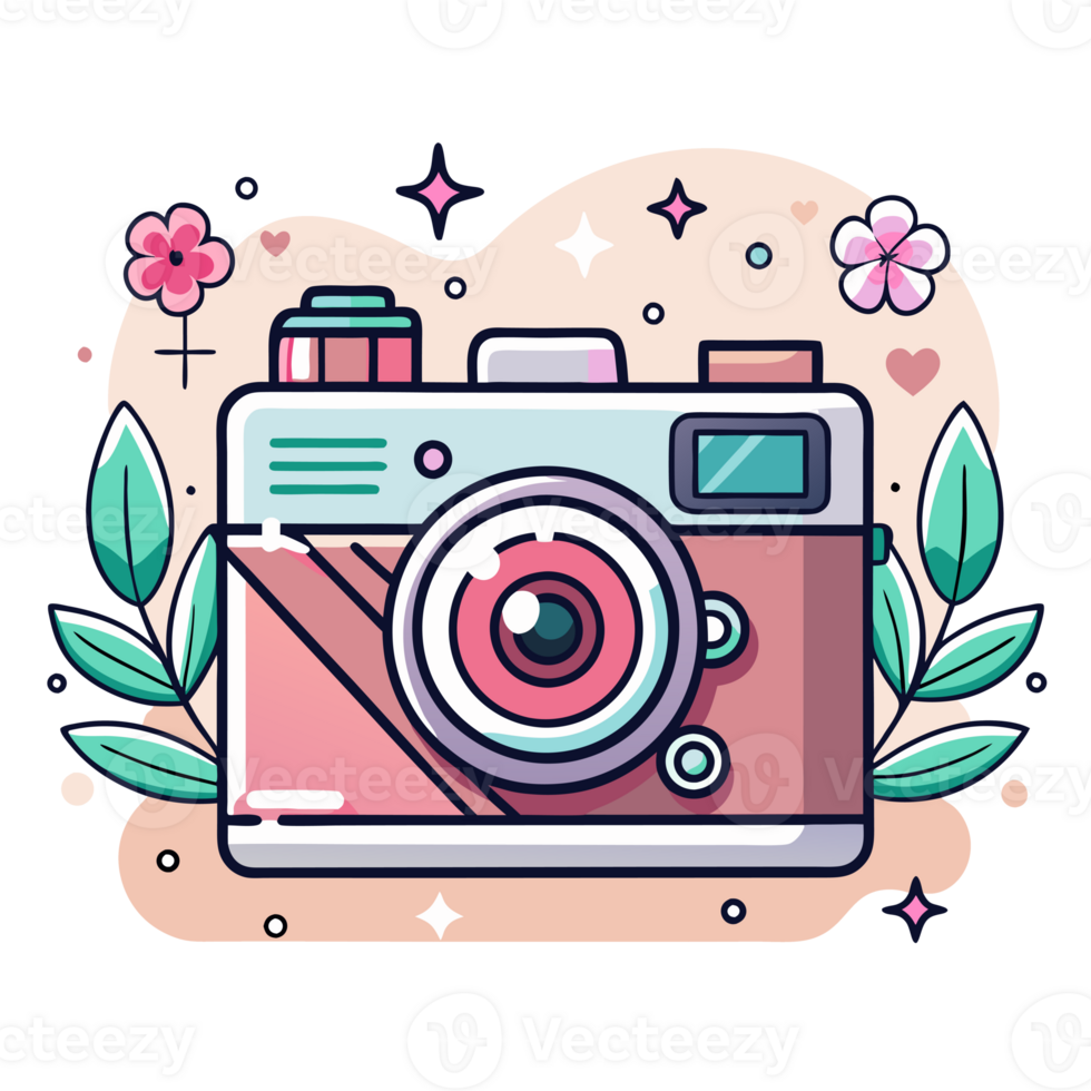 A camera with vibrant details, accented with playful leaves and abstract shapes. png