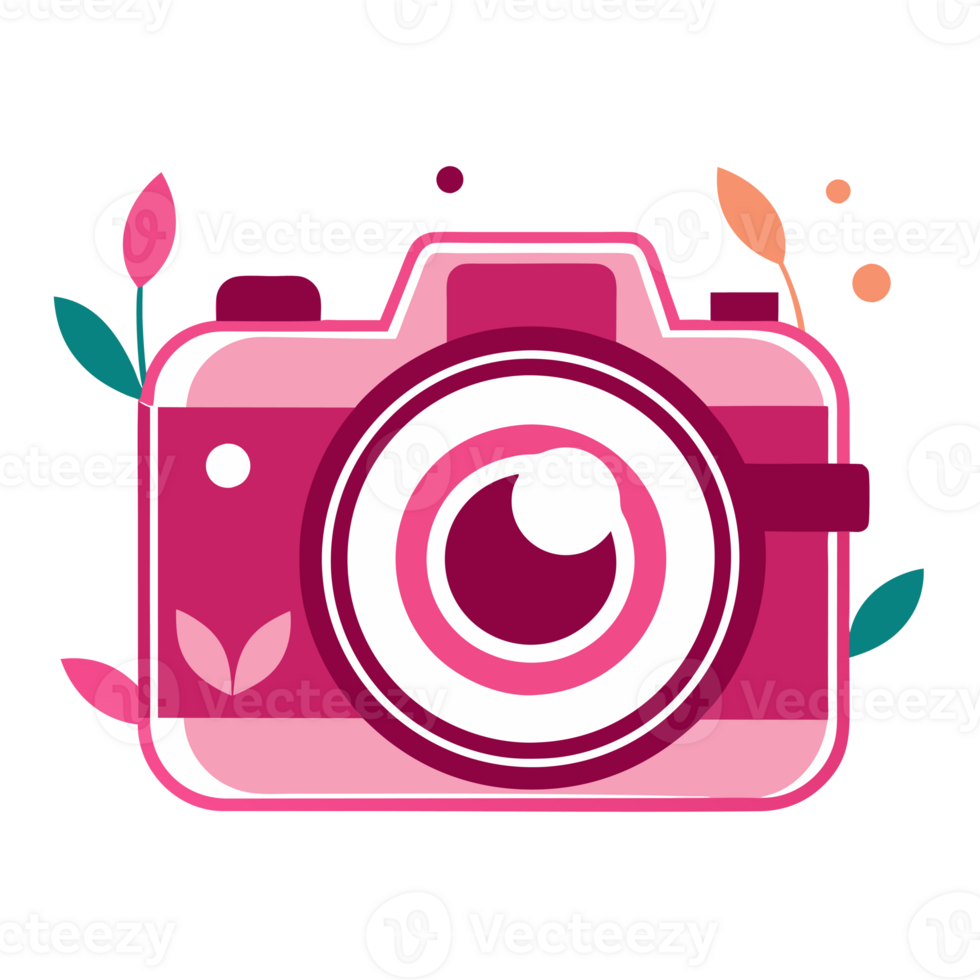 A camera with vibrant details, accented with playful leaves and abstract shapes. png