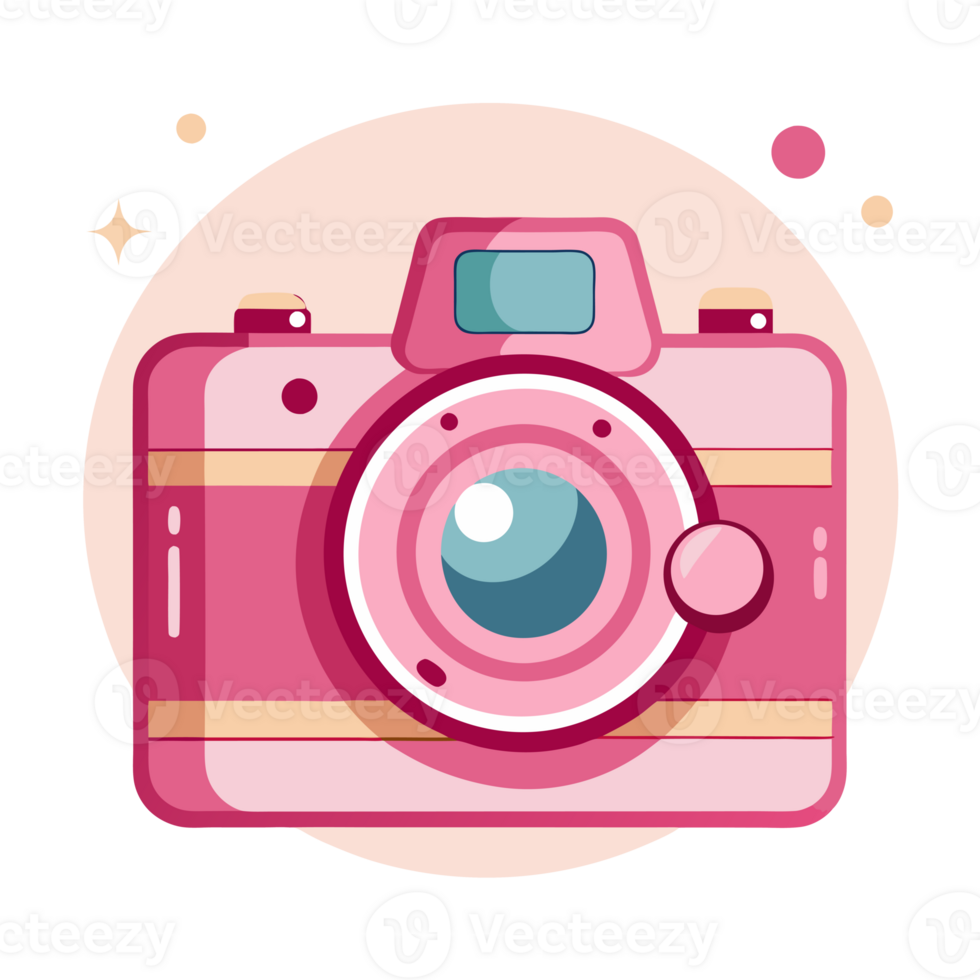 A camera with vibrant details, accented with playful leaves and abstract shapes. png