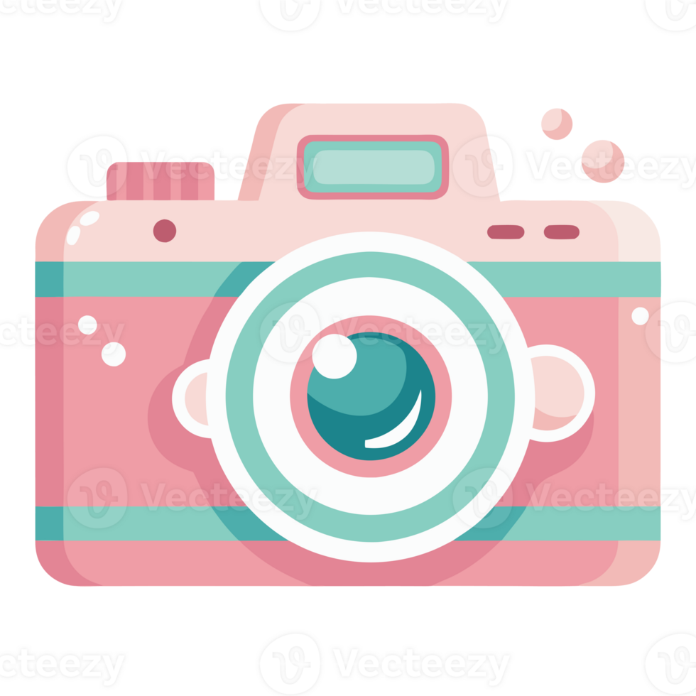 A camera with vibrant details, accented with playful leaves and abstract shapes. png