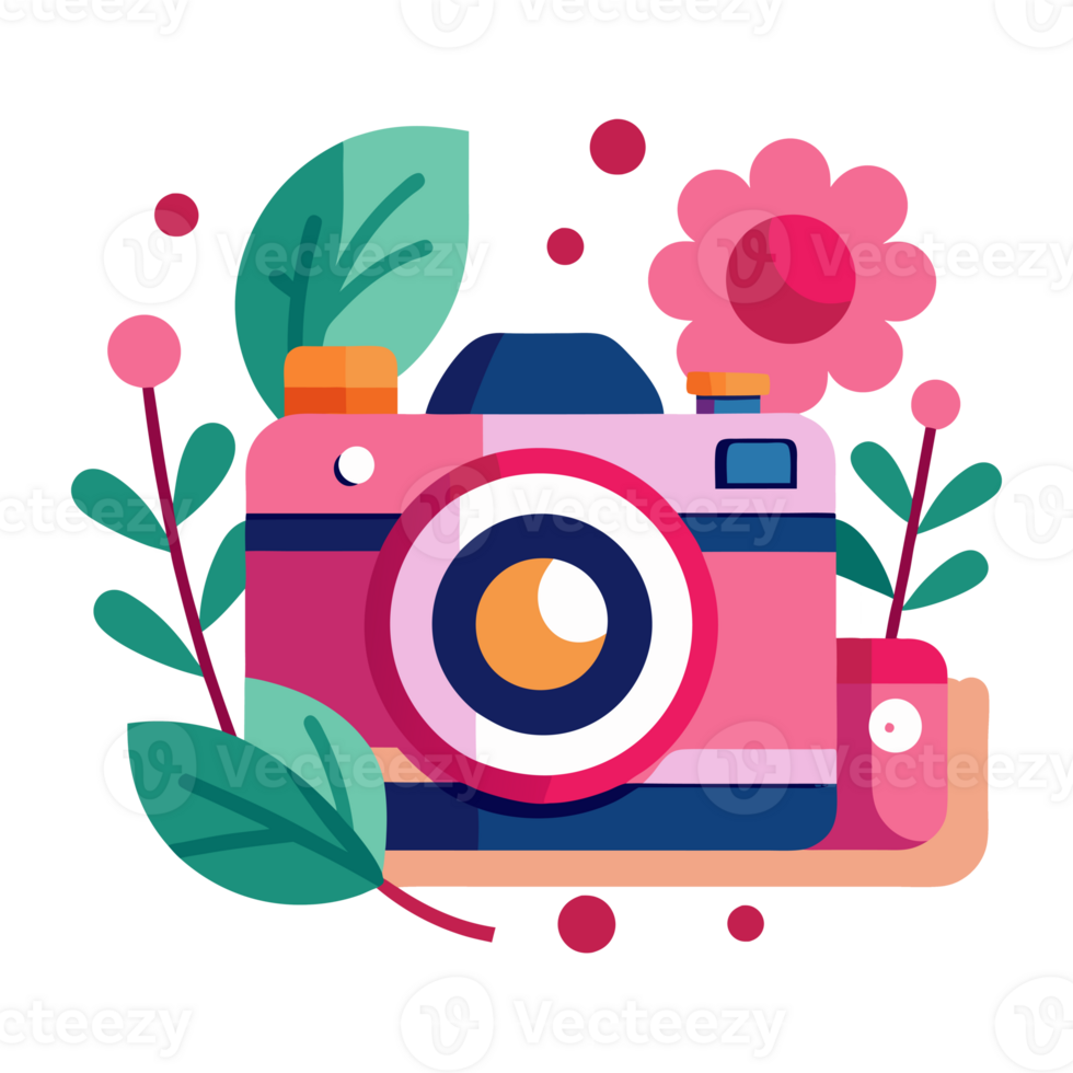 A camera with vibrant details, accented with playful leaves and abstract shapes. png
