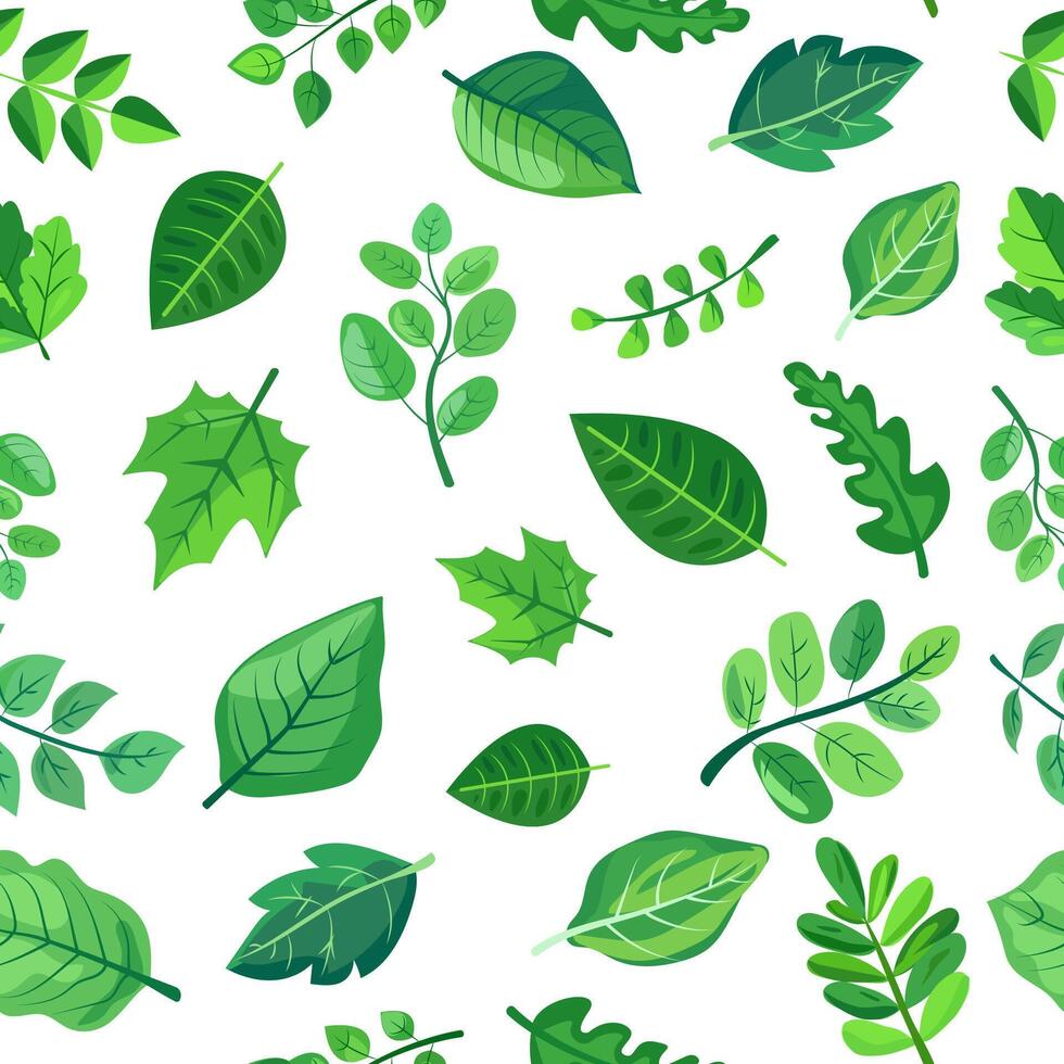 seamless pattern features various shades and shapes of green leaves against a white background. Perfect for nature-themed designs, eco-friendly packaging, and botanical illustrations vector