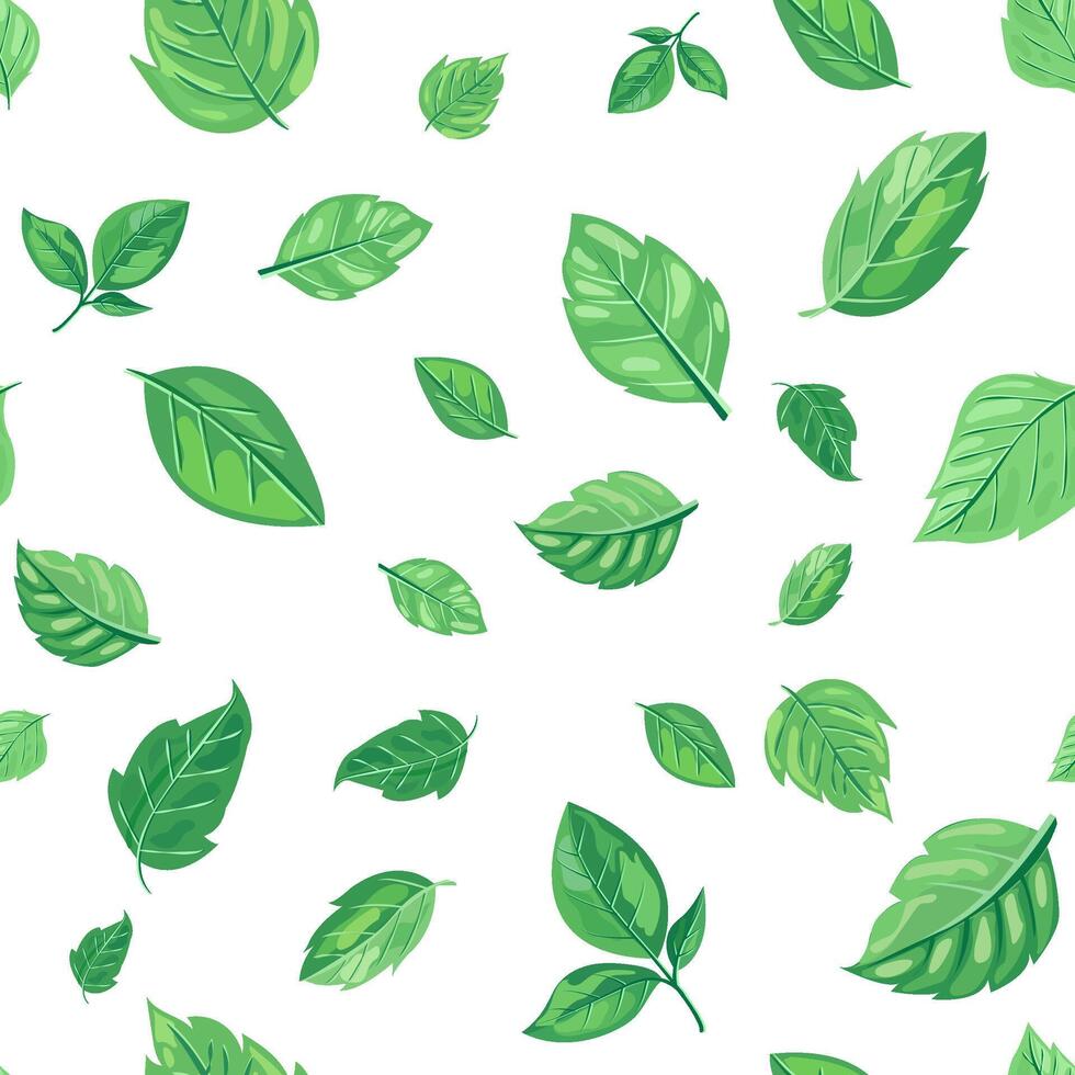 seamless pattern features various shades and shapes of green leaves against a white background. Perfect for nature-themed designs, eco-friendly packaging, and botanical illustrations vector