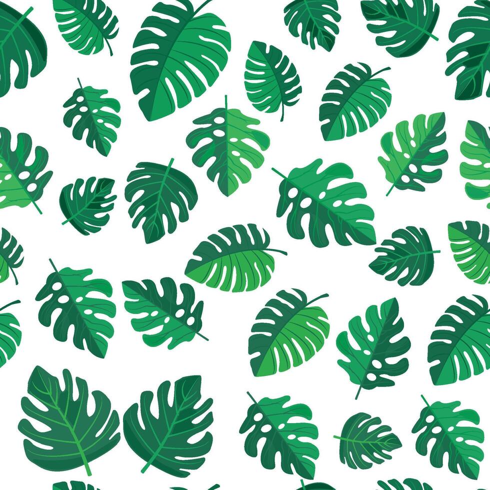 seamless pattern of vibrant green leaves on a white background. Various leaf shapes and sizes create a fresh, natural, and tropical appearance, perfect for eco-friendly or botanical projects vector