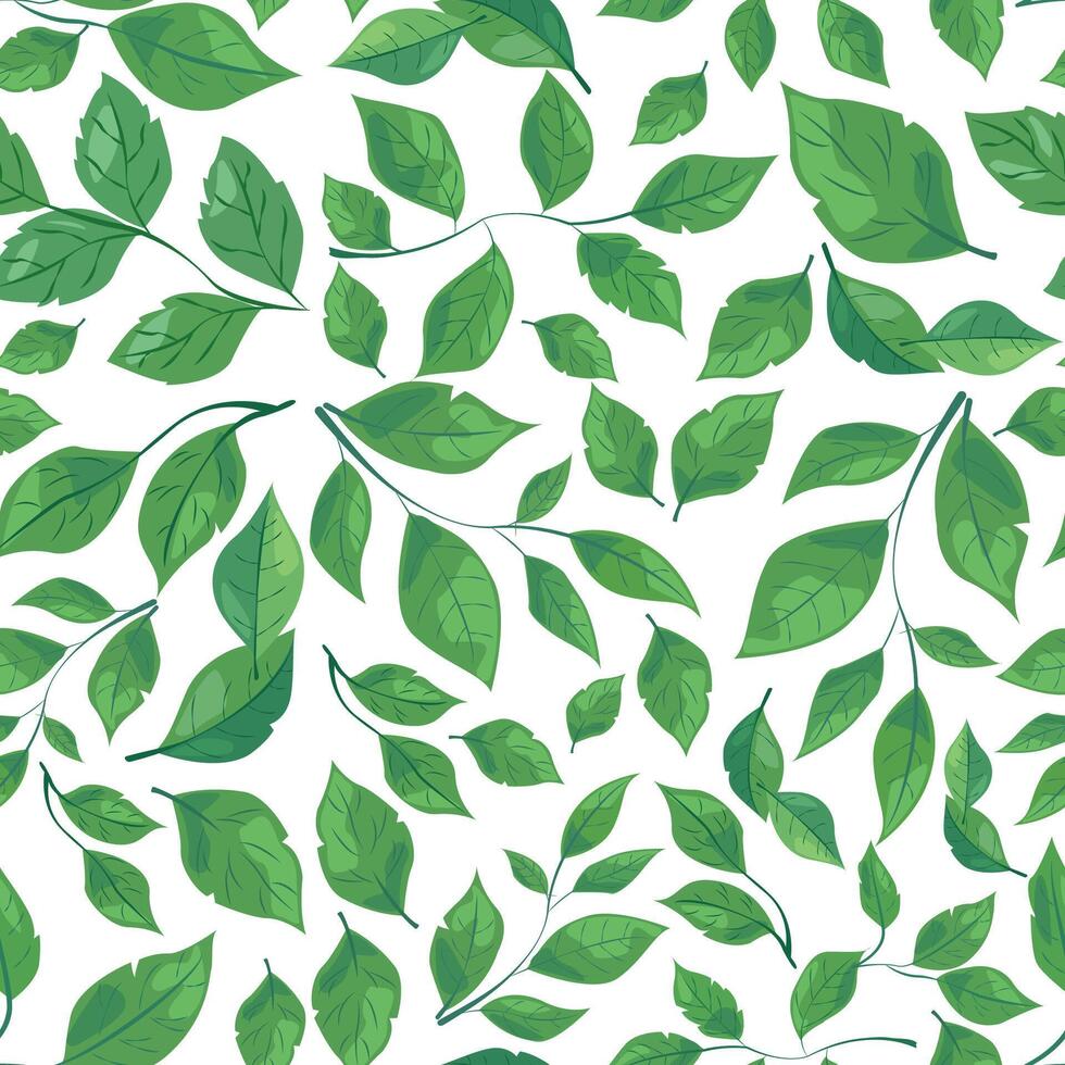 seamless pattern features various shades and shapes of green leaves against a white background. Perfect for nature-themed designs, eco-friendly packaging, and botanical illustrations vector