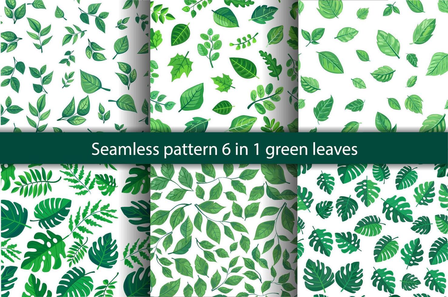 seamless pattern of vibrant green leaves on a white background. Various leaf shapes and sizes create a fresh, natural, tropical appearance, perfect for eco-friendly or botanical projects set 6 in 1 vector