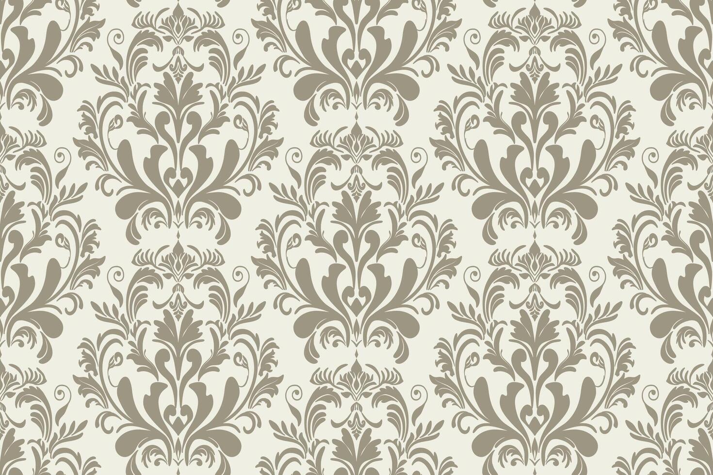 Seamless damask pattern with floral and leaf motifs on beige color background. vector