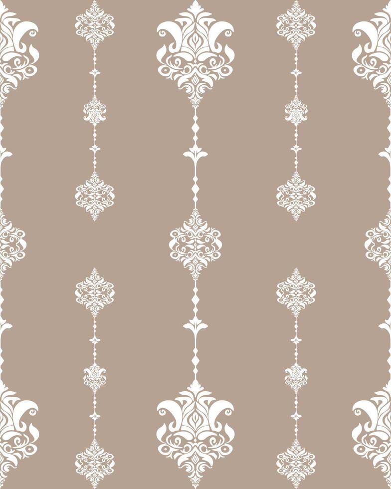 Damask seamless pattern with white floral swirls on brown background. vector