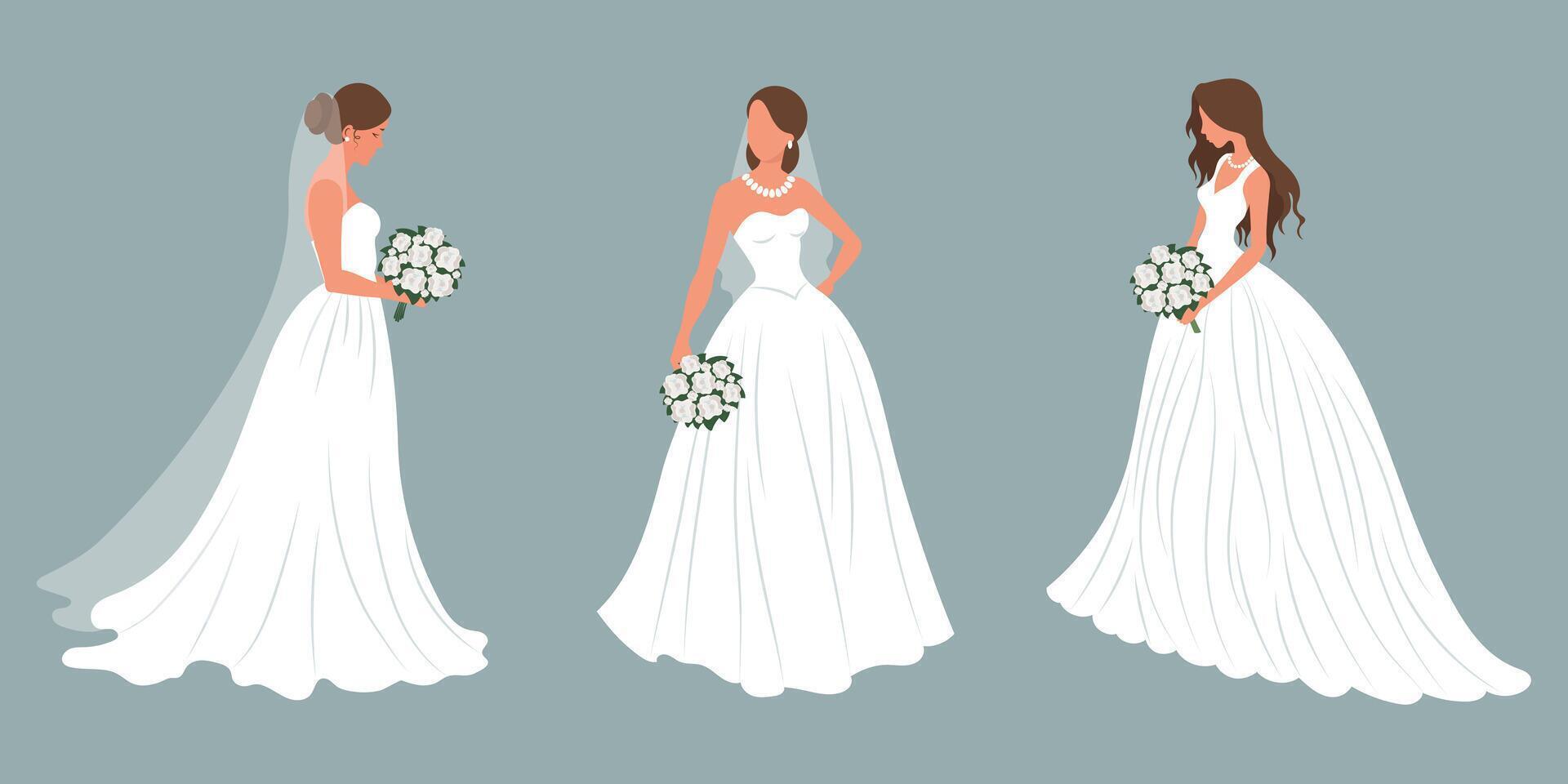 Set of brides in a white wedding dress with a bridal bouquet. Luxurious wedding dresses for brides. Illustration vector