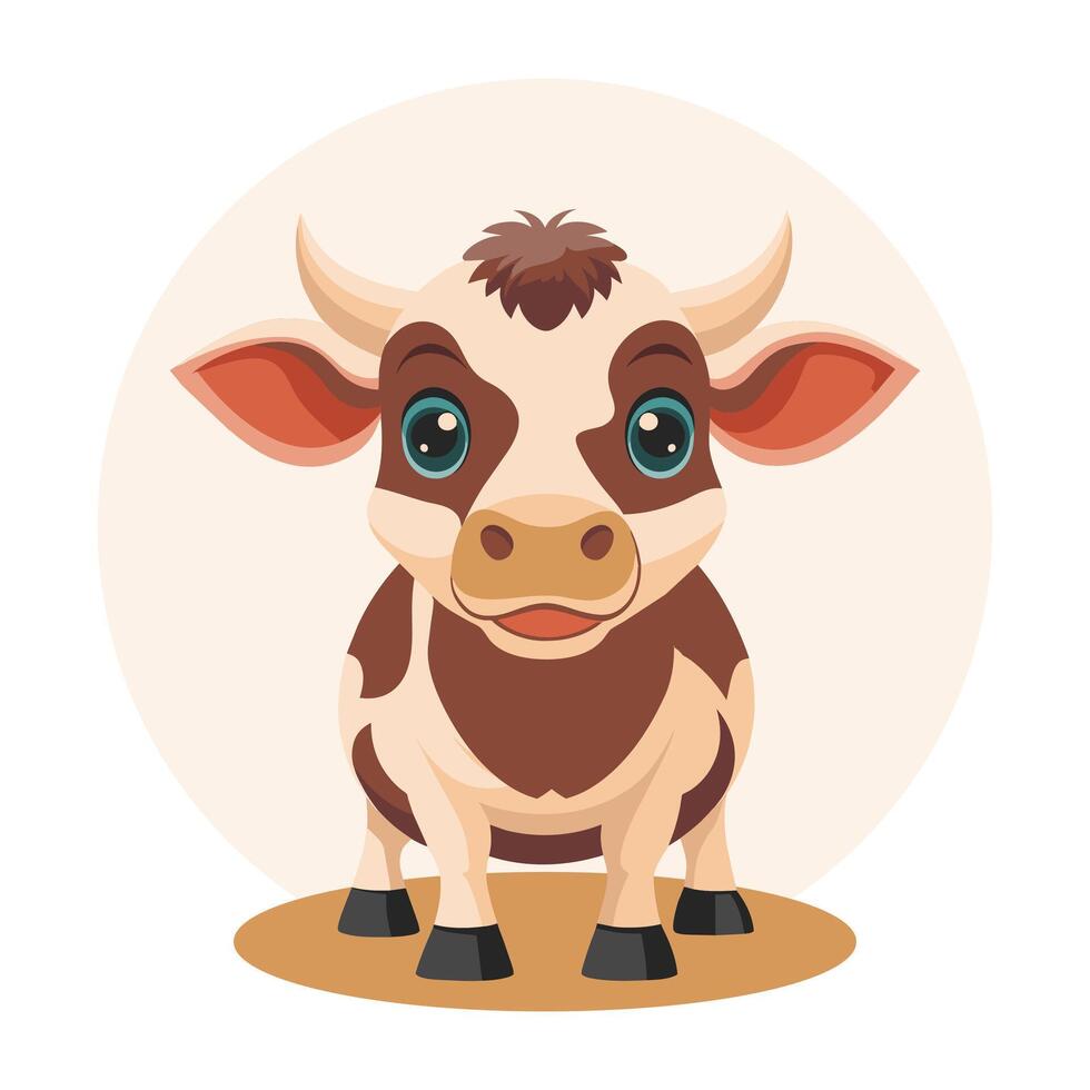 Cute spotted cow on a white background. Cute bull, front view. Farm agriculture animal. Children's illustrations in flat cartoon style. vector