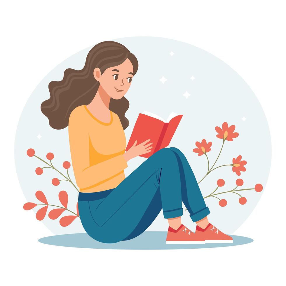 Cute girl sitting reading a book and dreaming. Portrait of a girl with a book. Education and recreation concept. Illustration in flat style vector