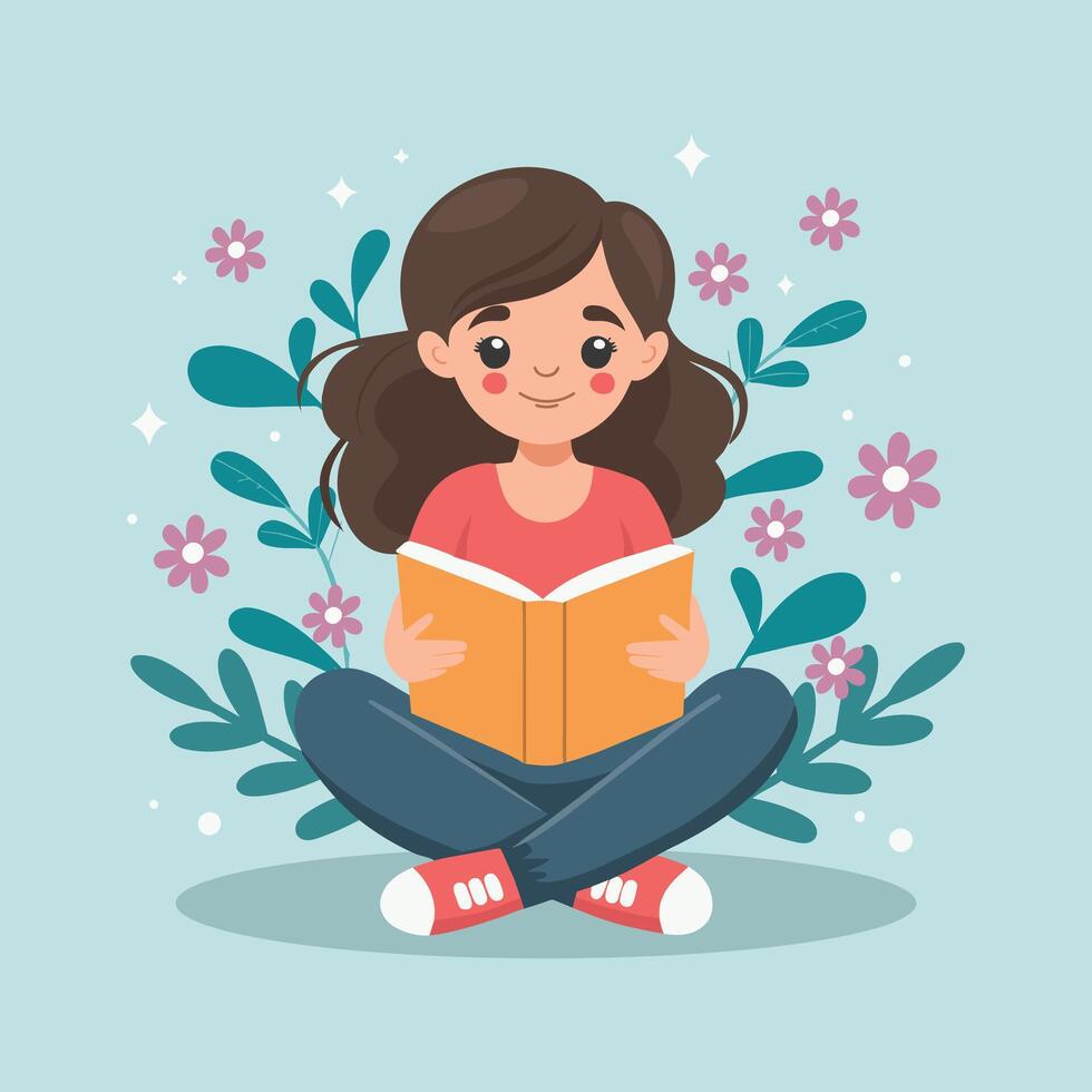 Cute girl sitting reading a book and dreaming. Portrait of a girl with a book. Education and recreation concept. Illustration in flat style. vector