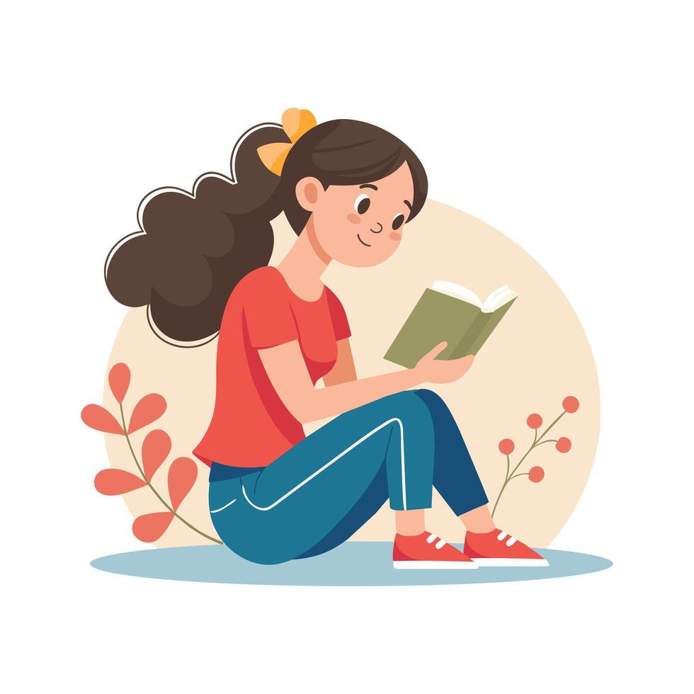 Cute girl sitting reading a book and dreaming. Portrait of a girl with a book. Education and recreation concept. Illustration in flat style vector