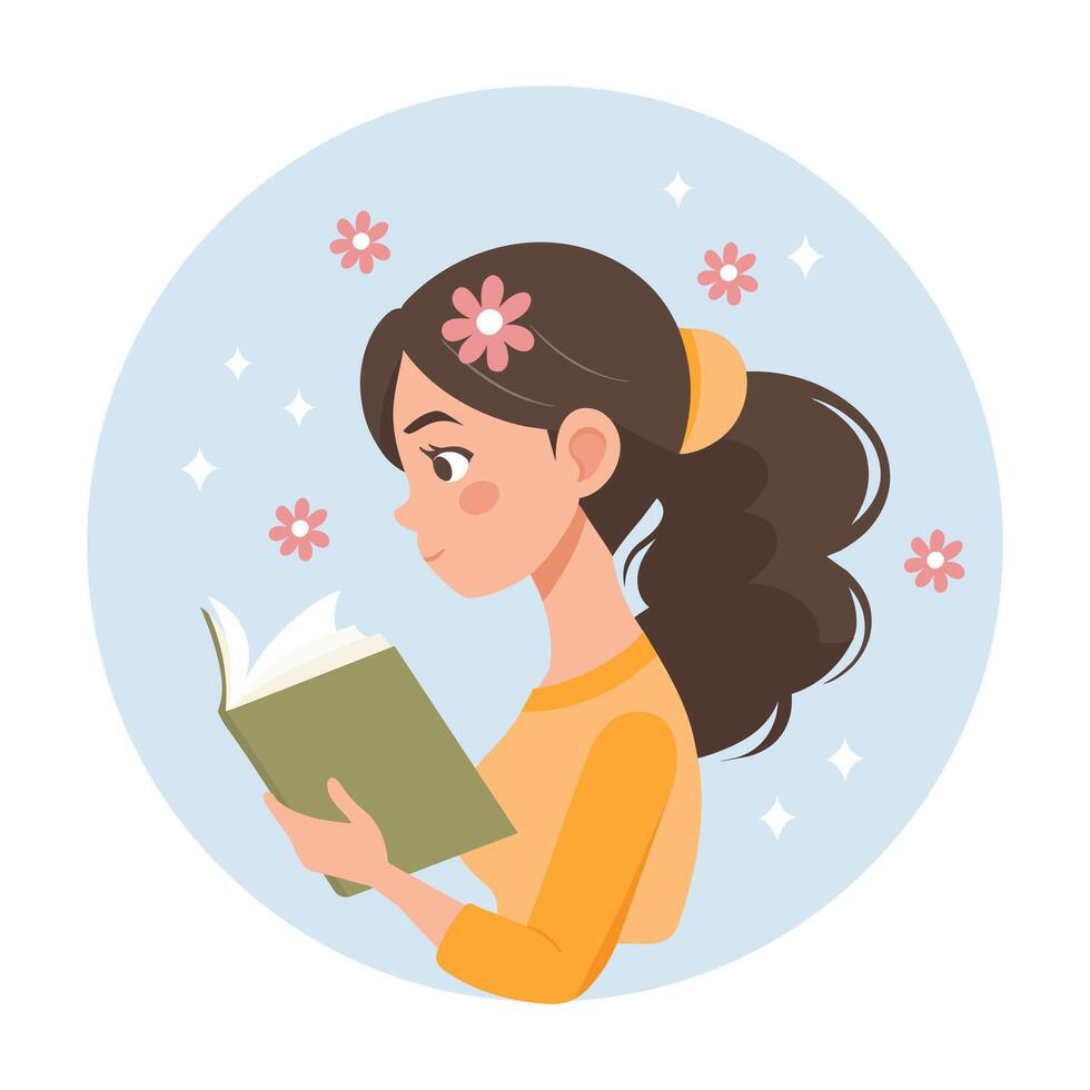 Cute girl reading a book. Portrait of a girl with a book in profile. Education and recreation concept. Illustration in flat style. vector