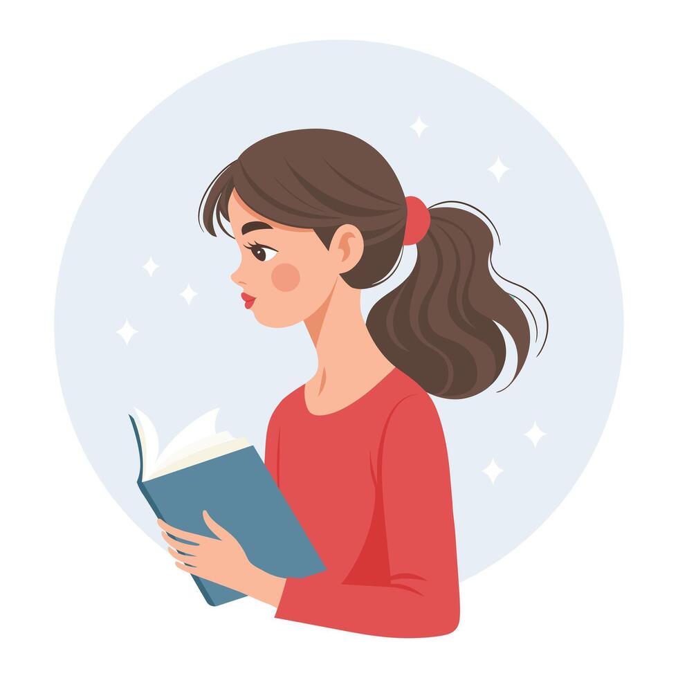 Cute girl reading a book. Portrait of a girl with a book in profile. Education and recreation concept. Illustration in flat style. vector