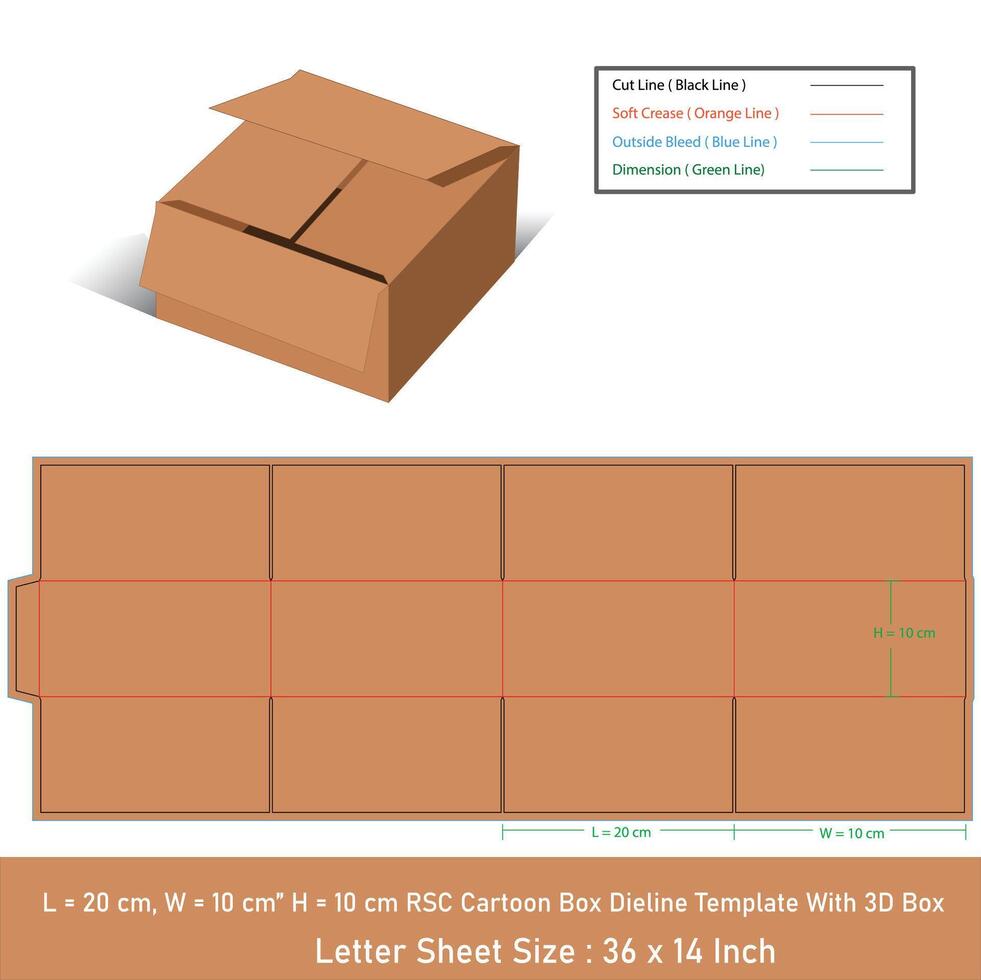 20x10x10 cm RSC Cartoon Box Dieline Template With 3D Box vector