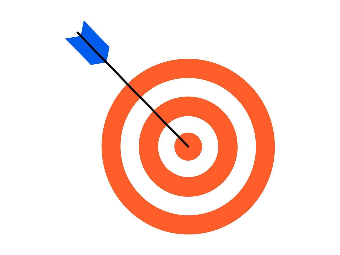 Hand drawn cute illustration of arrow hit center of target. Flat hit the bull's eye in doodle style. Successful business strategy icon. Goal achievement. Progress on work. Isolated. vector