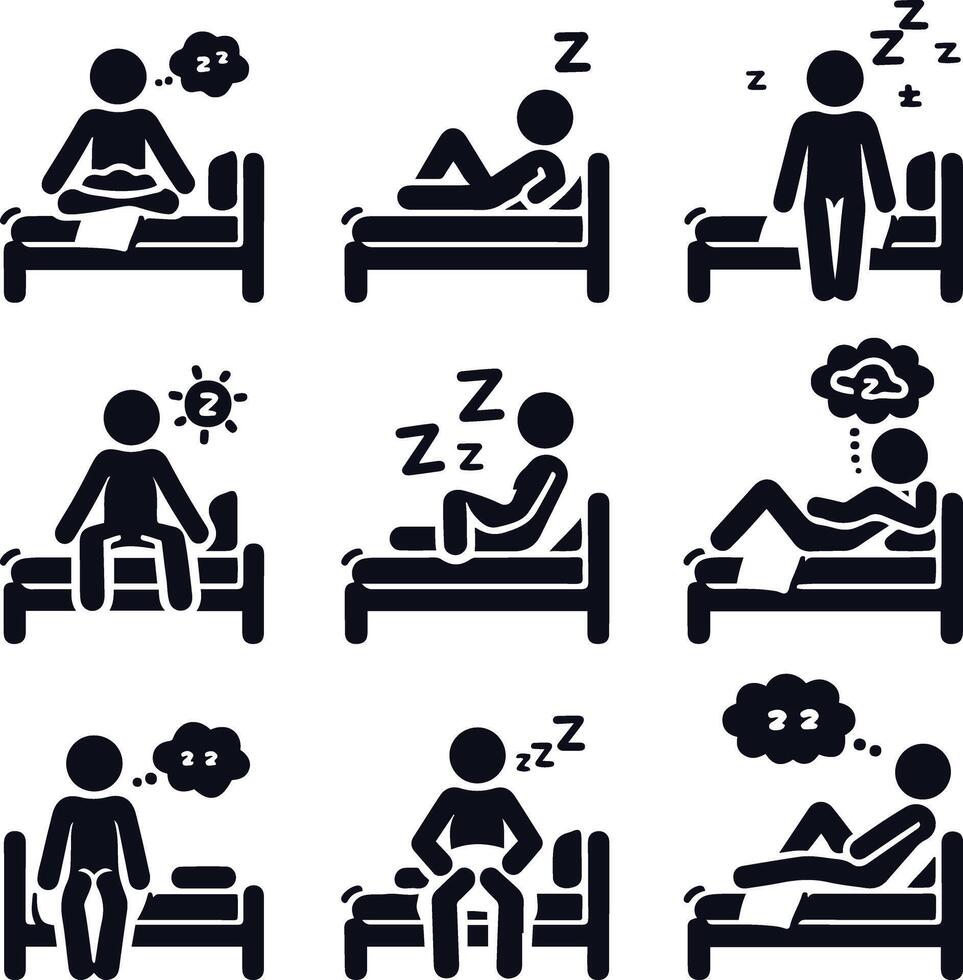 Stick Figure Bed Postures Dreaming, Sitting, Sleeping. Icon Set on White Background. vector
