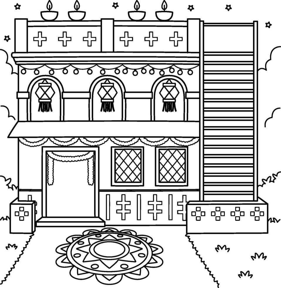 Diwali House with Lights Coloring Page for Kids vector