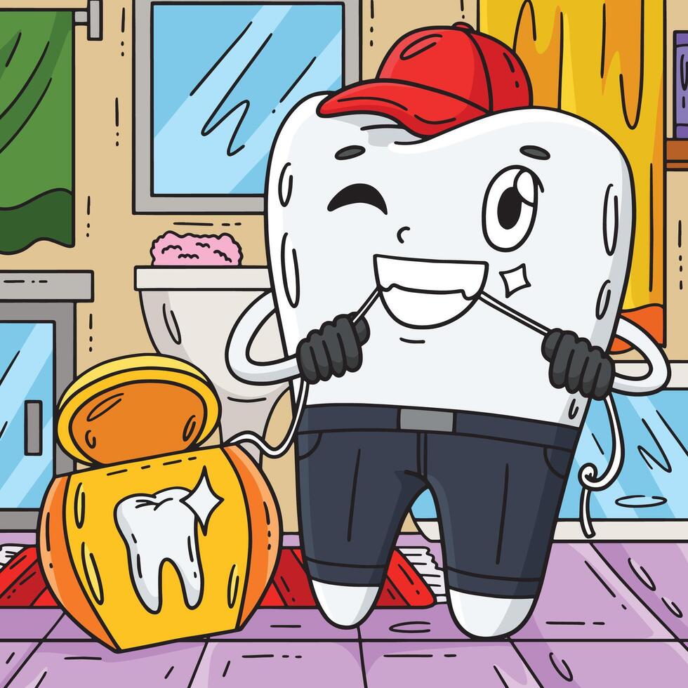 Dental Care Tooth and Floss Colored Cartoon vector