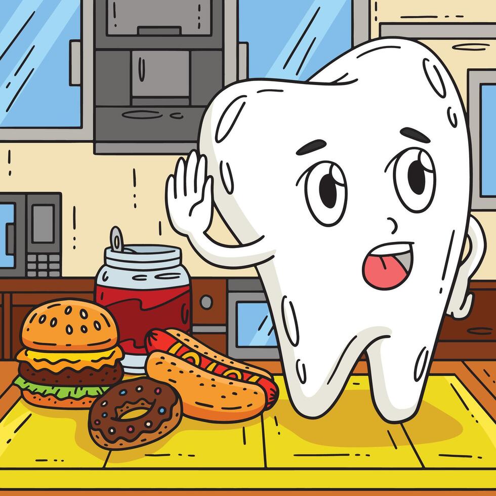 Dental Care Tooth Refusing Junk Food Colored vector
