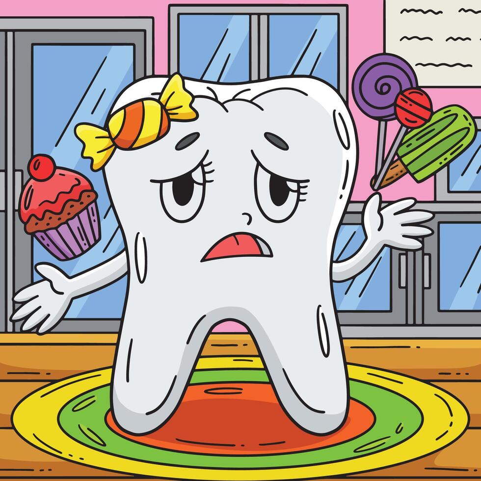 Dental Care Tooth with Candies Colored Cartoon vector
