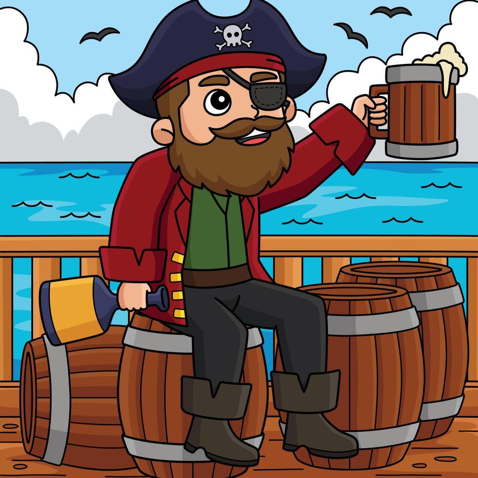 Pirate Drinking Rum Colored Cartoon Illustration vector