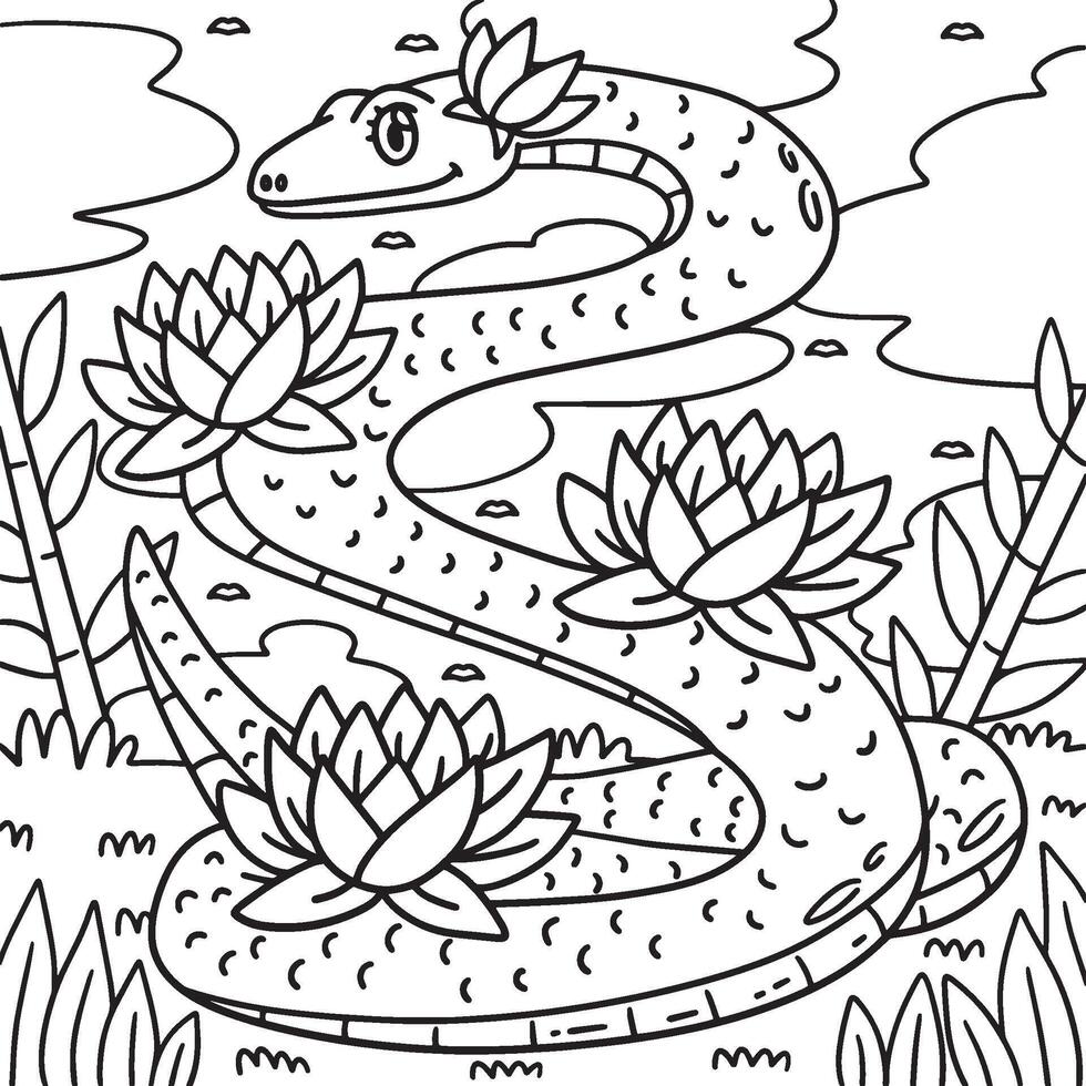 Year of the Snake and Lotus Flowers Coloring Page vector