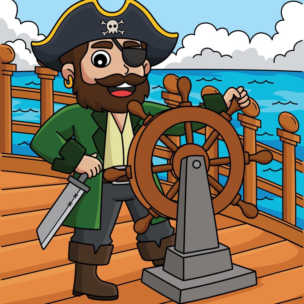 Pirate Steering the Wheel Colored Cartoon vector
