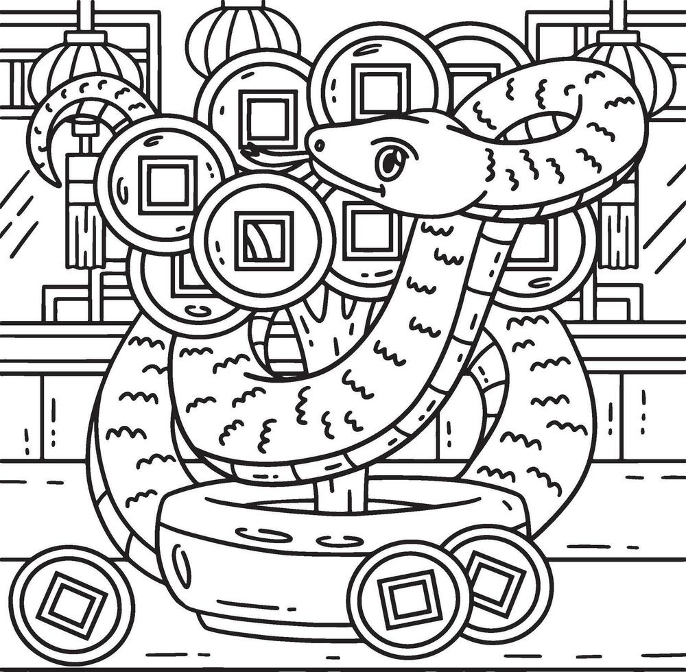 Year of the Snake and Coin Tree Coloring Page vector