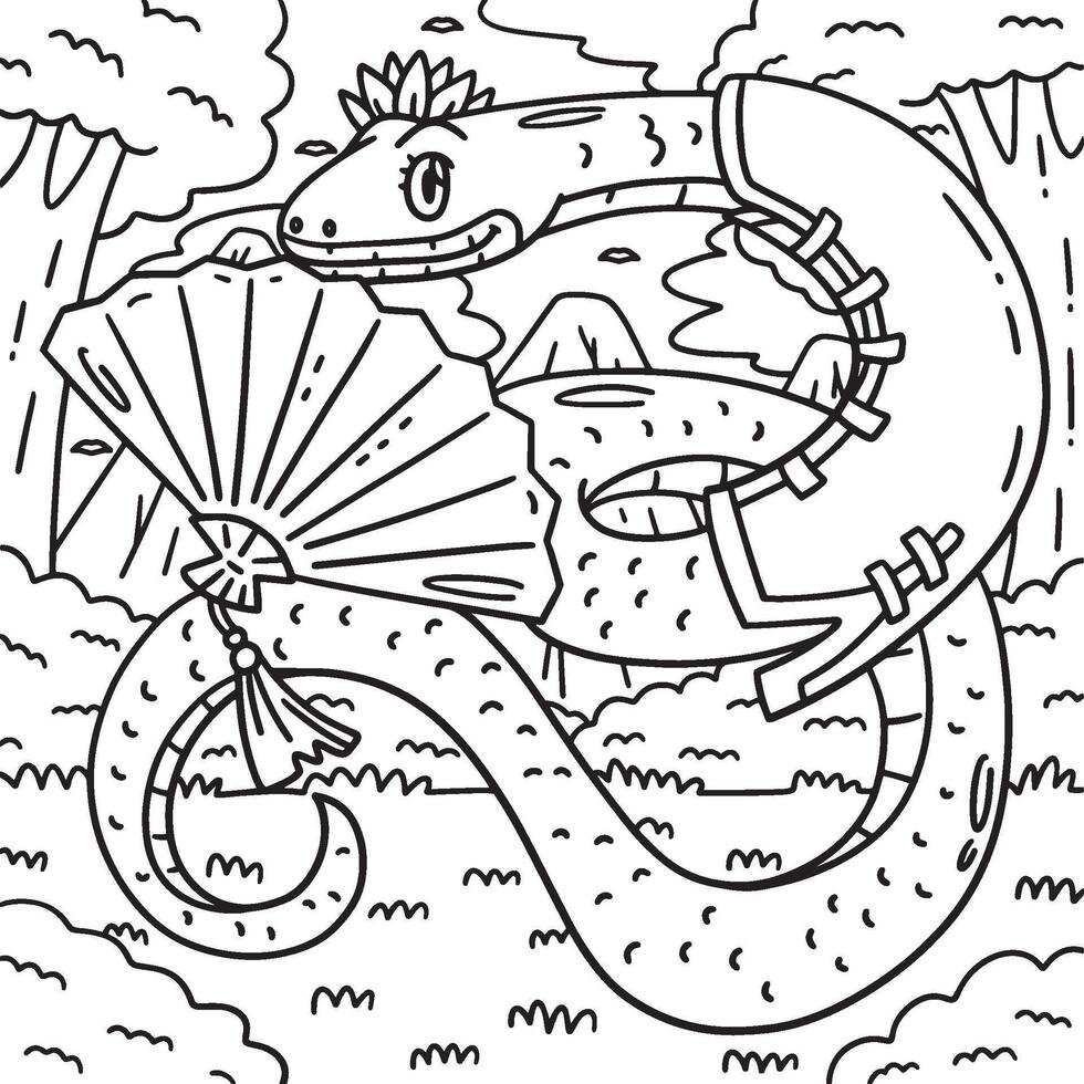Year of the Snake with Hand Fan Coloring Page vector