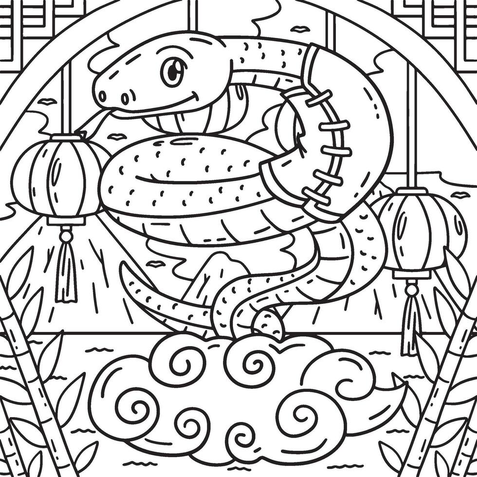Year of the Snake on Clouds Coloring Page for Kids vector