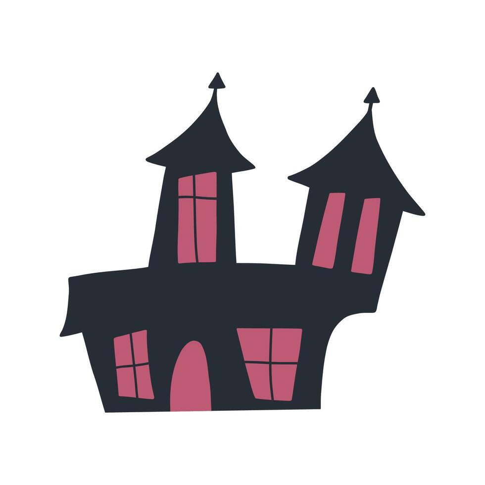 Hand drawn haunted house, cartoon flat illustration isolated on white background. Spooky Halloween and autumn decoration element. vector