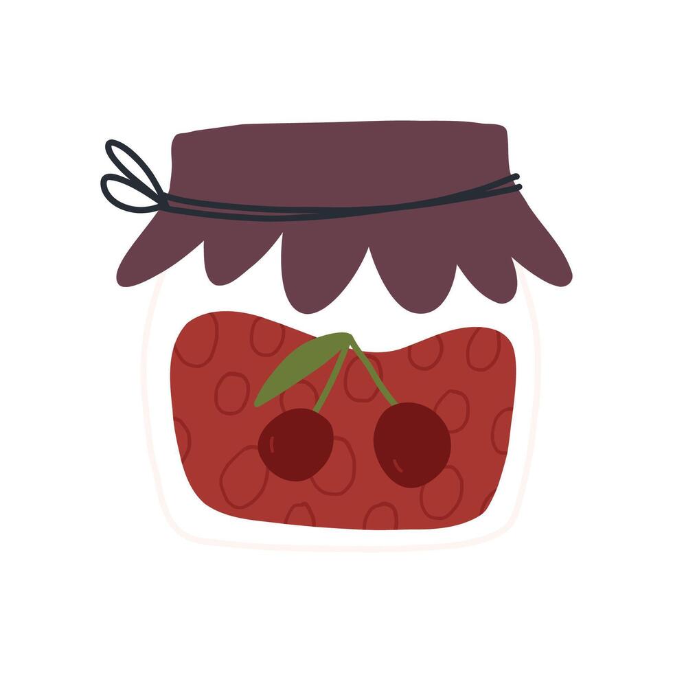Cute hand drawn cherry jam jar, cartoon flat illustration isolated on white background. Homemade marmalade. vector