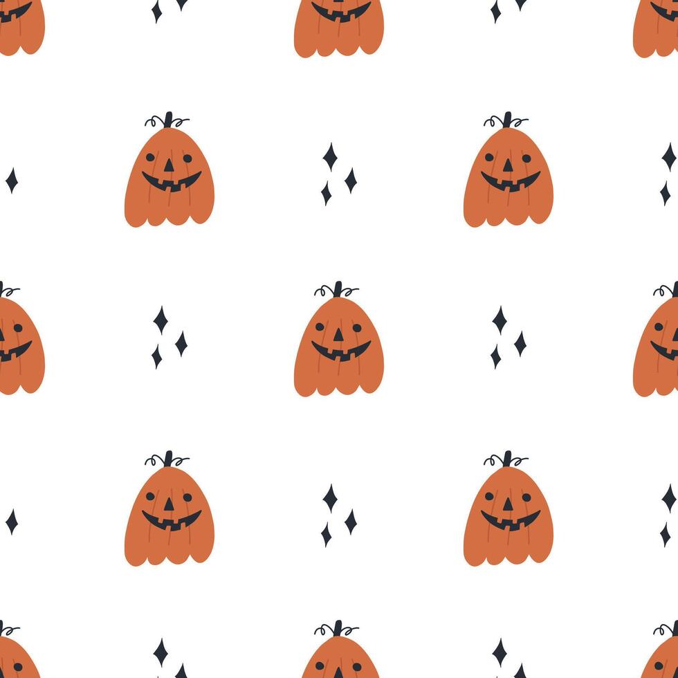 Cute pumpkin with spooky face - seamless pattern on white background. Hand drawn Halloween pattern with Jack o lantern. Autumn holiday celebration. Great for wrapping paper. vector