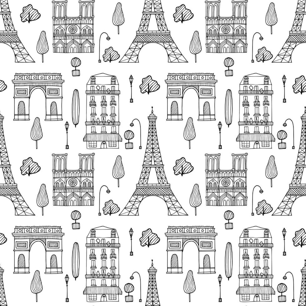 Paris pattern. Seamless city doodle background. Cute hand drawn line silhouette by black ink pen of Eiffel tower, Notre-Dame de Paris, Triumphal Arch and parisian house with trees and lanterns vector