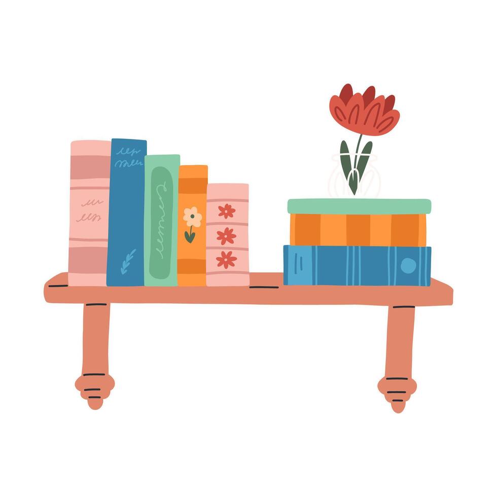 Hand drawn bookshelf, cartoon flat illustration isolated on white background. Colorful books in row, cute vase with flower. Concepts of reading, literature and education. vector