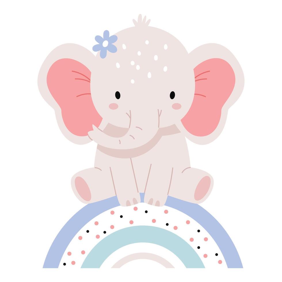 Cute baby elephant, sitting on a rainbow.Postcard in Scandi style. Kids kindergarten flat illustration vector