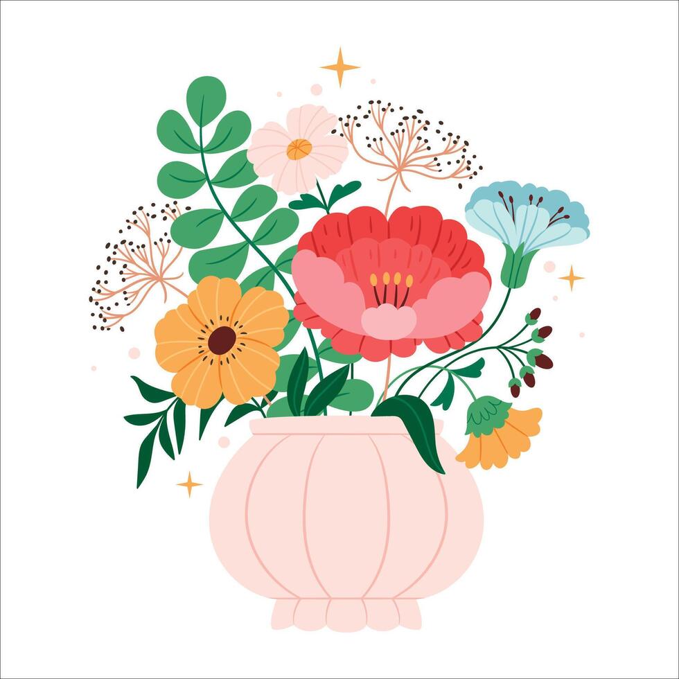 A bouquet of summer flowers in a vase.Floral arrangement. Mixed wildflowers bunch, gentle blossom branches. Summer meadow vector