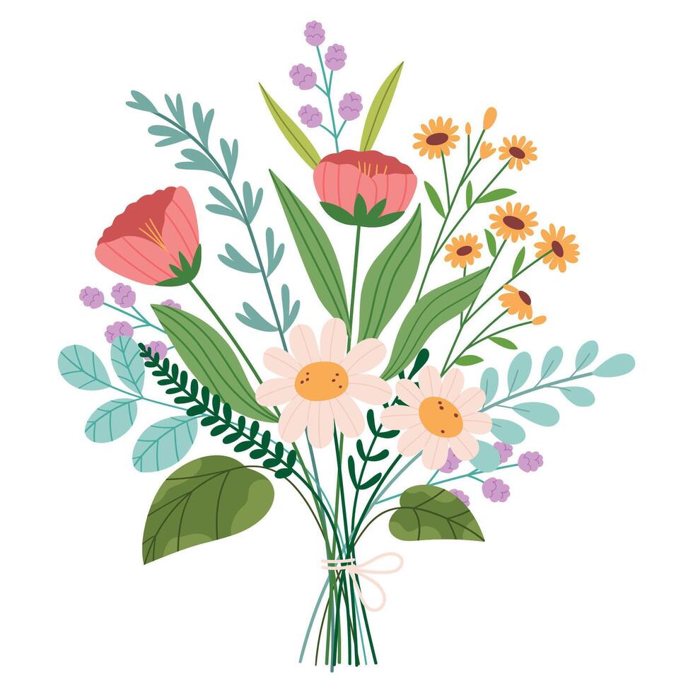A bouquet of wild flowers.Floral arrangement with field blossoms, gentle beautiful blooms tied with string.Flat illustration isolated on white background vector