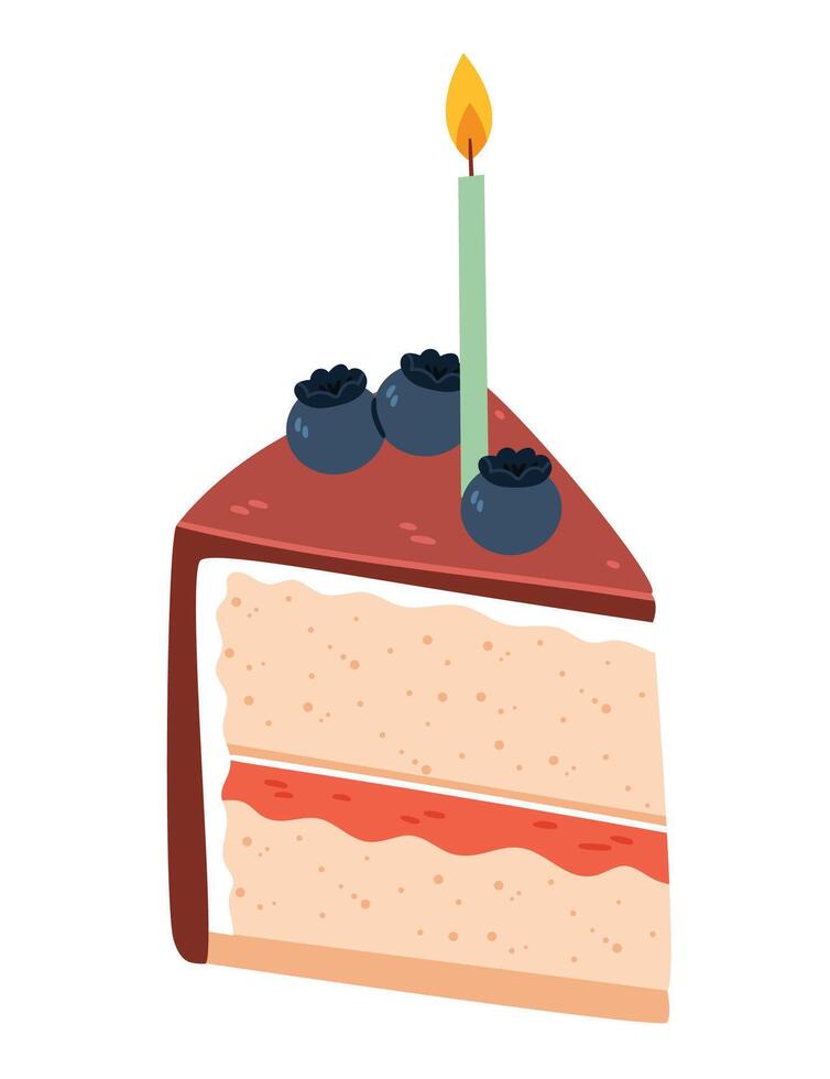 A piece of chocolate cake with blueberries and a candle.Birthday candle on chocolate cake glazed and topped with berries. vector