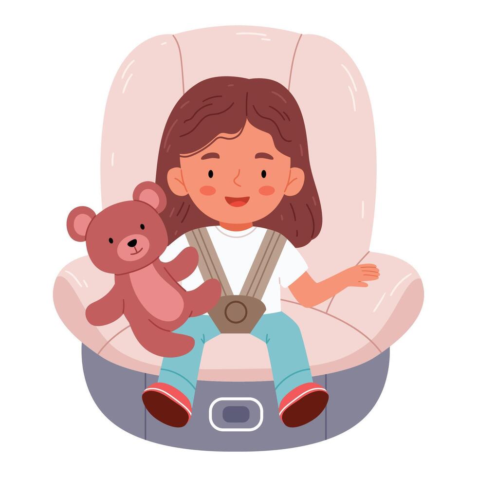A girl in a car seat with a teddy bear.Child secured with safety belt in backseat. Girl in baby auto chair, toy in hand. Road travel security. vector