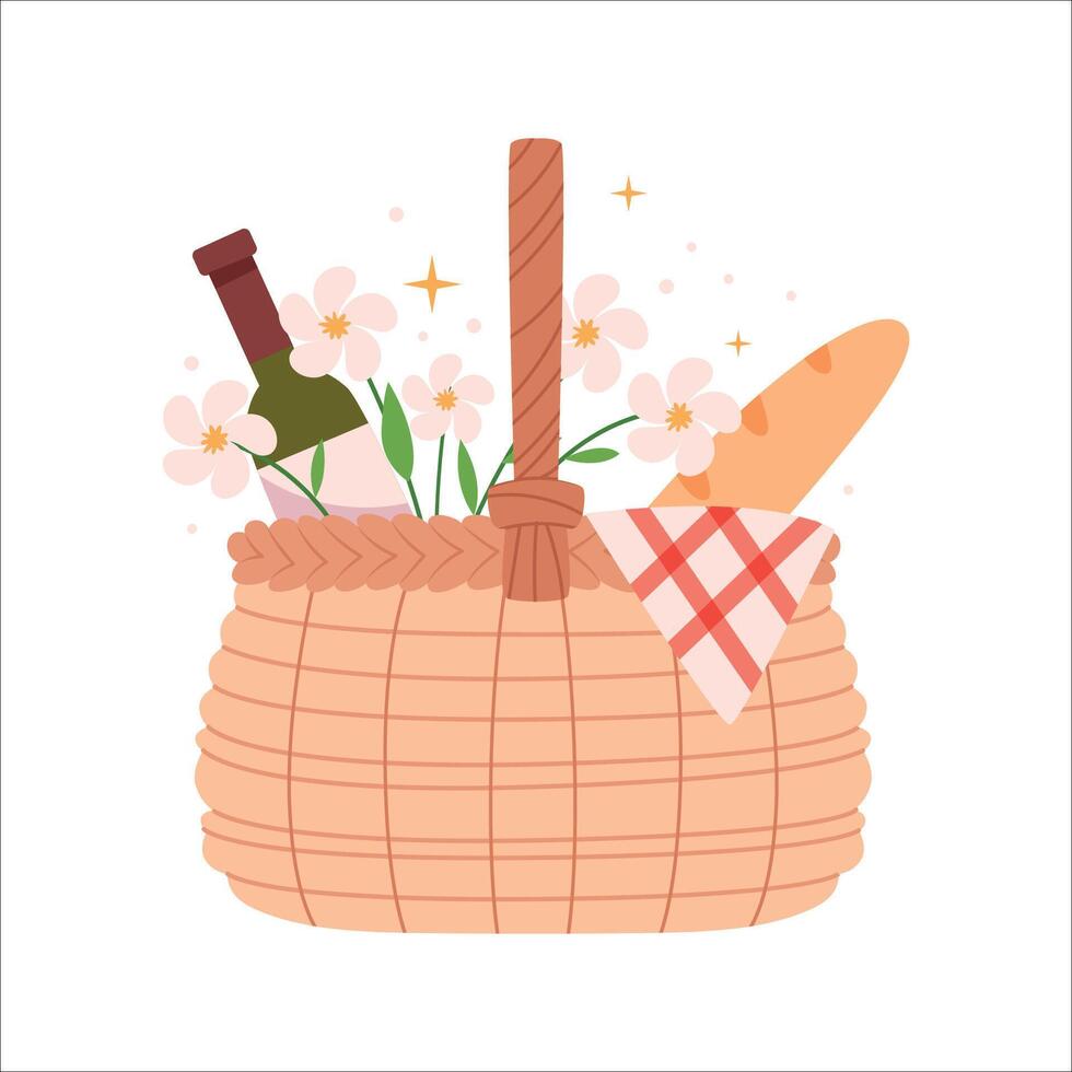 Wicker picnic basket with wine baguette and flowers. Picnic in French style. Romance. vector