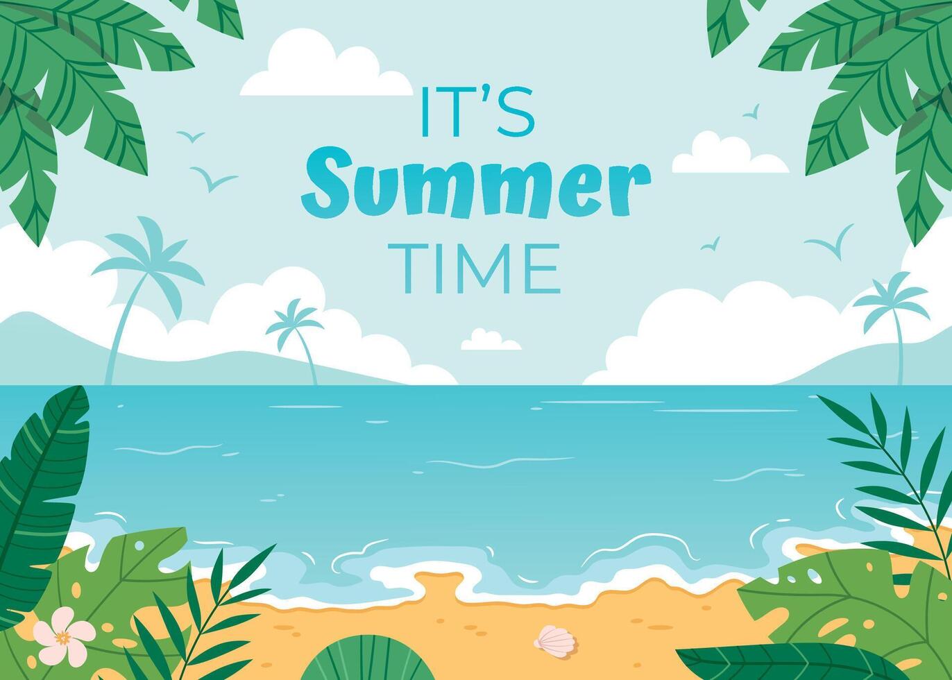 cartoon ocean sand beach background.Summertime background with blue sky and ocean, white puffy clouds and green palms. vector