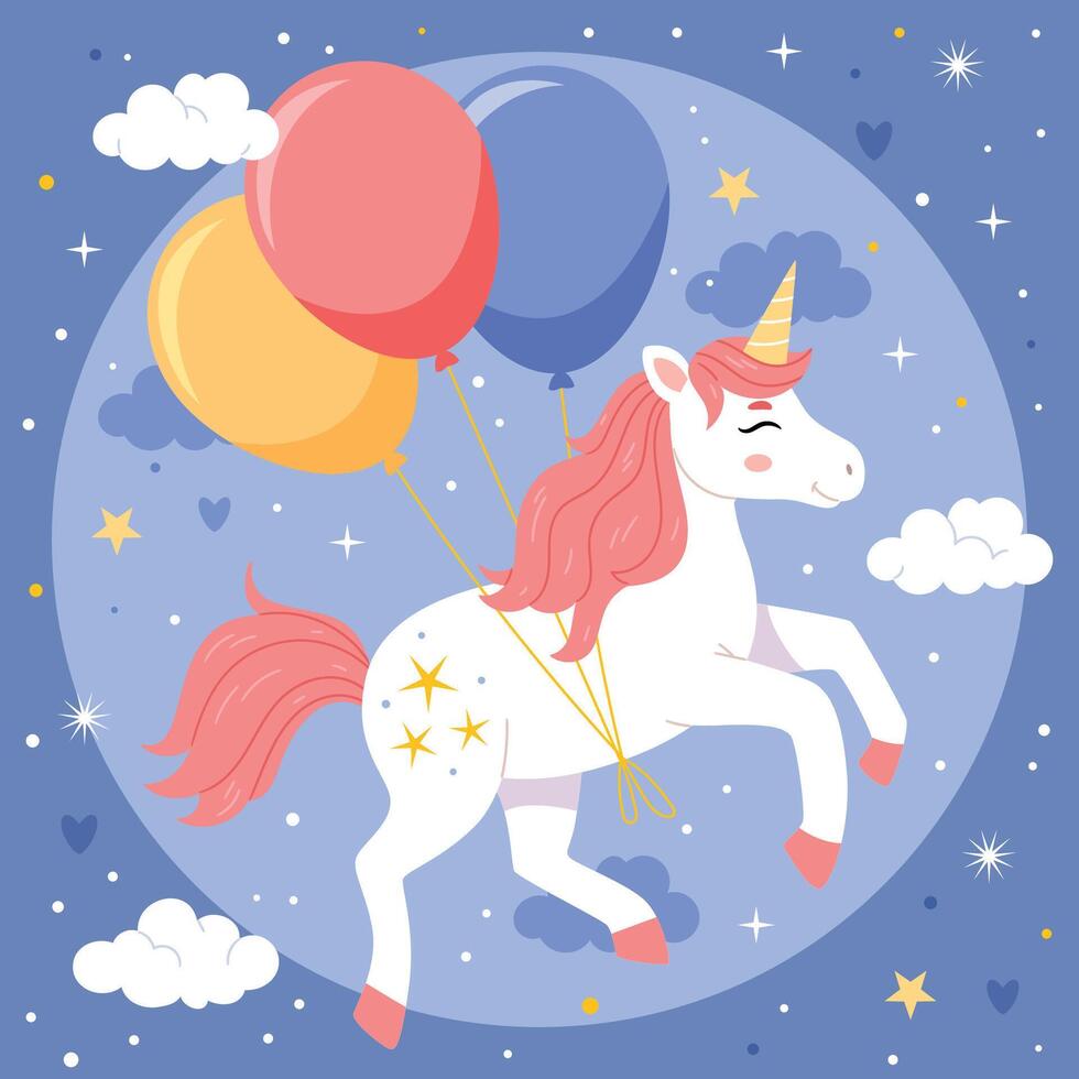 A happy unicorn with balloons is flying across the moonlit sky.For children's design of prints, posters, cards, stickers, etc. illustration vector