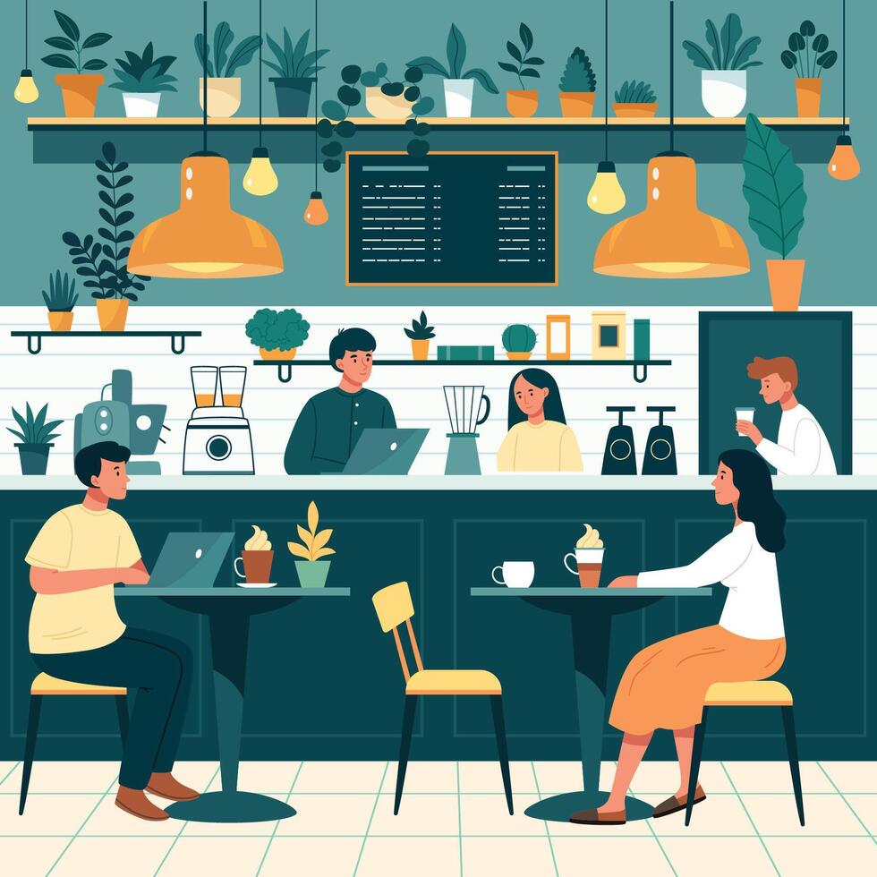 Cafe interior front view with lots of green plants and people having a coffee, talking and making orders. vector