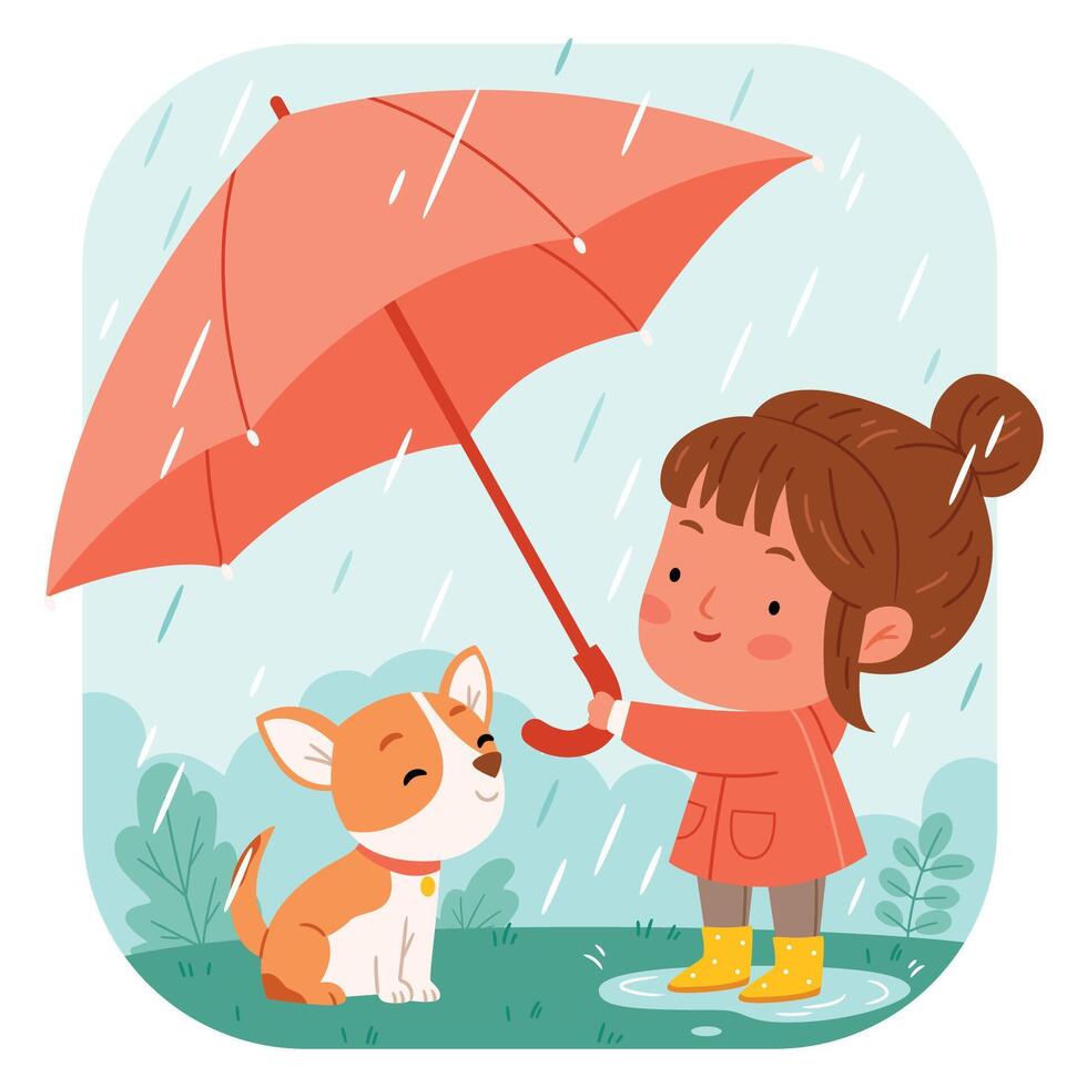 A girl with a dog under an umbrella.Protect pet from autumn rain. illustration. Isolated on white background. vector