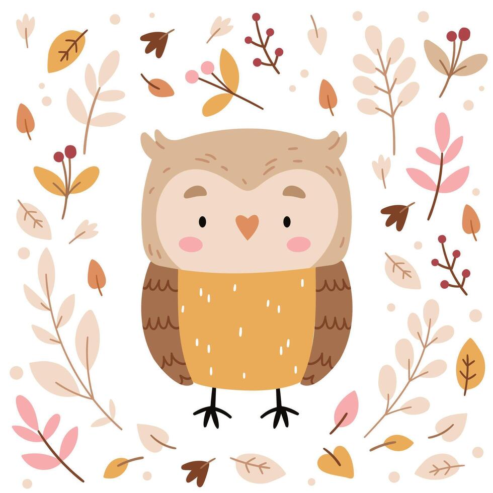 Cute owl in Scandinavian style in the middle of autumn leaves.Welcome autumn season. happy autumn background. fall season background.Poster, Banner, Flyer, Greeting Card vector