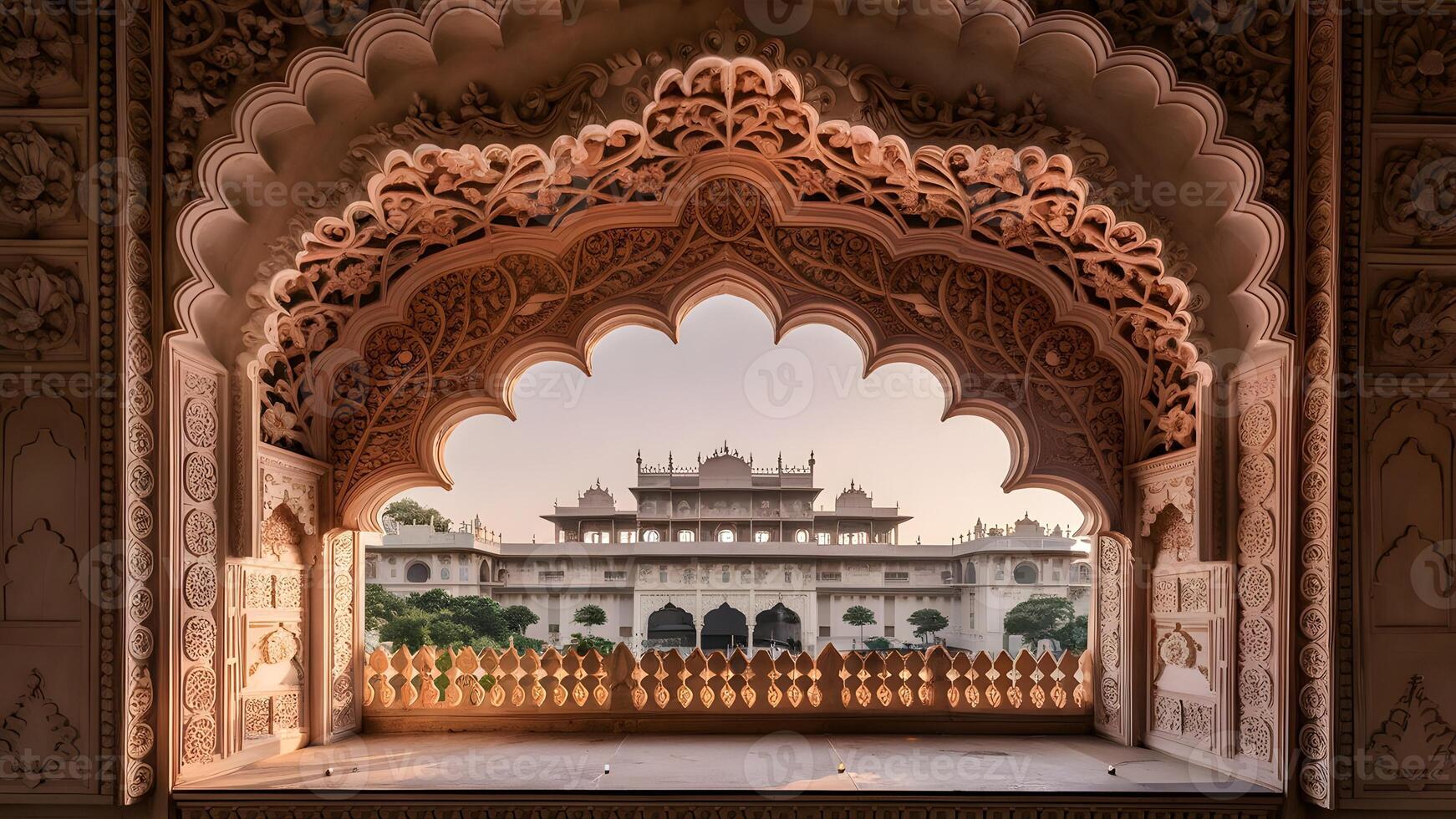 India at dusk, inside Delhi's Red Fort. . A stunning photograph of an intricately carved jharokha, an ornate window design often seen in Indian palaces. The jharokha is adorned photo